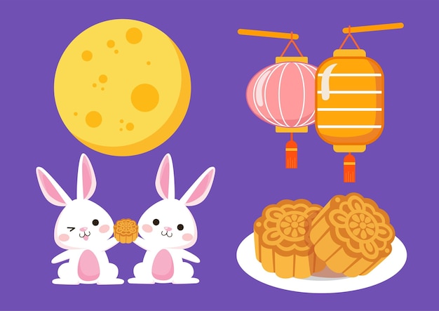 Adorable Mid Autumn Festival Items Vector Illustration