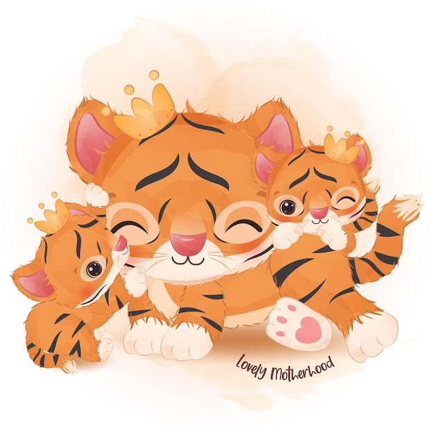 Adorable mom and baby tiger in watercolor illustration