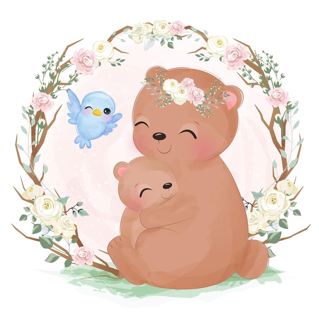 Adorable mommy and baby bear in watercolor