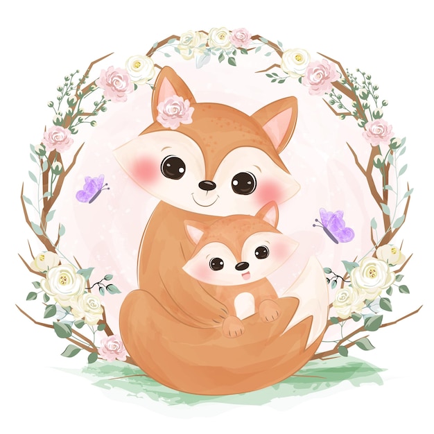 Adorable mommy and baby fox in watercolor