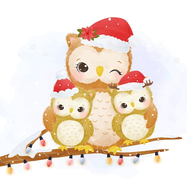 Adorable mommy and baby owl in Christmas day