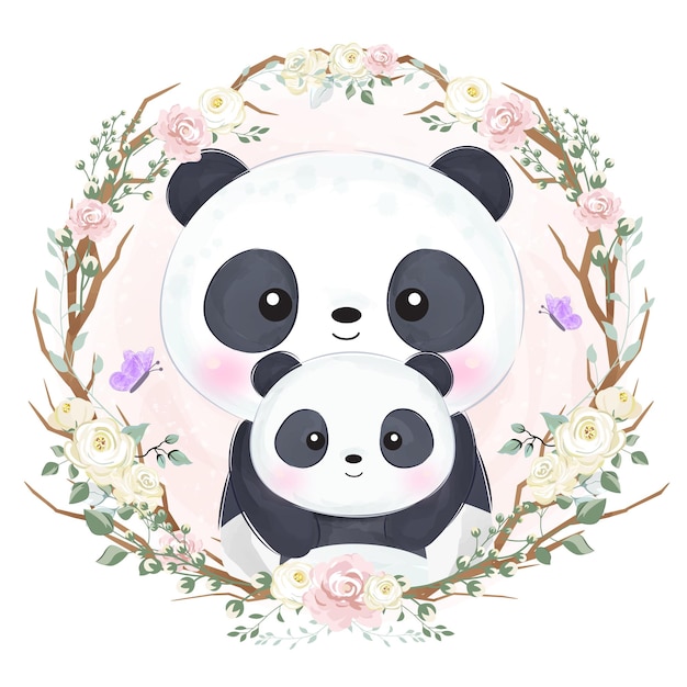 Vector adorable mommy and baby panda in watercolor illustration