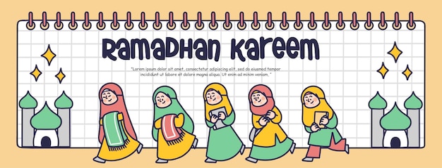 Adorable Moslem Holiday Ramadhan Kareem Eid Fitr Banner Illustration Asset