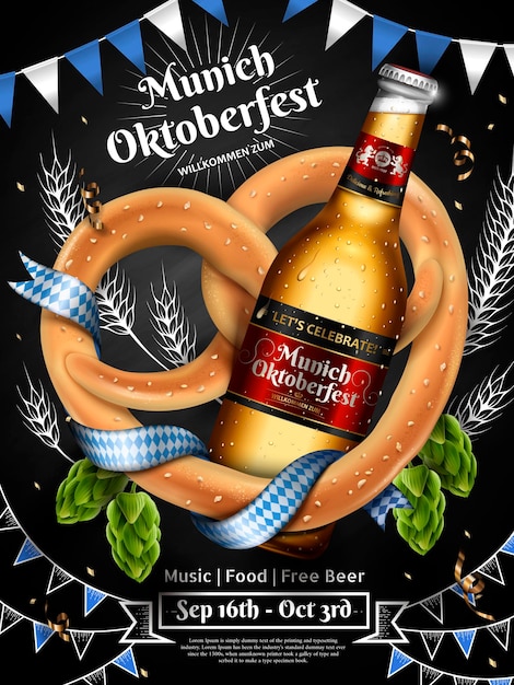 Adorabili annunci dell'oktoberfest, una bottiglia di birra con pretzel e luppolo isolati sulla lavagna nell'illustrazione 3d, oktoberfest significa festa della birra e benvenuto in tedesco in cima