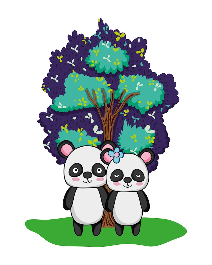 Vector adorable panda couple animal and tree