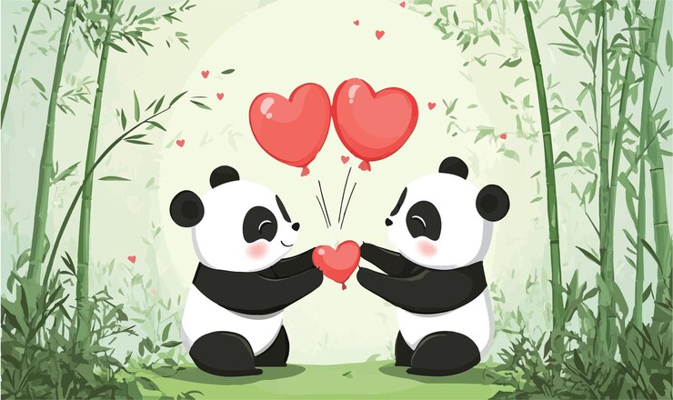 Vector adorable panda couple sharing heart balloons