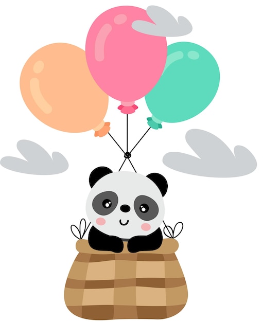 Vettore un panda adorabile che vola in un cesto con dei palloncini