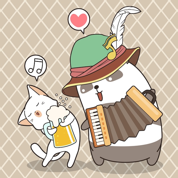 Adorable panda is playing accordion with cute cat is holding cup of beer