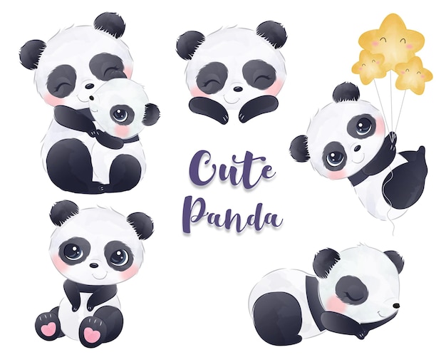 Adorable pandas collection illustrations in watercolor