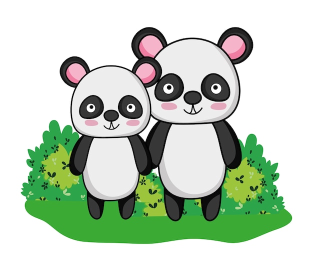 Vector adorable pandas wild animals and bushes