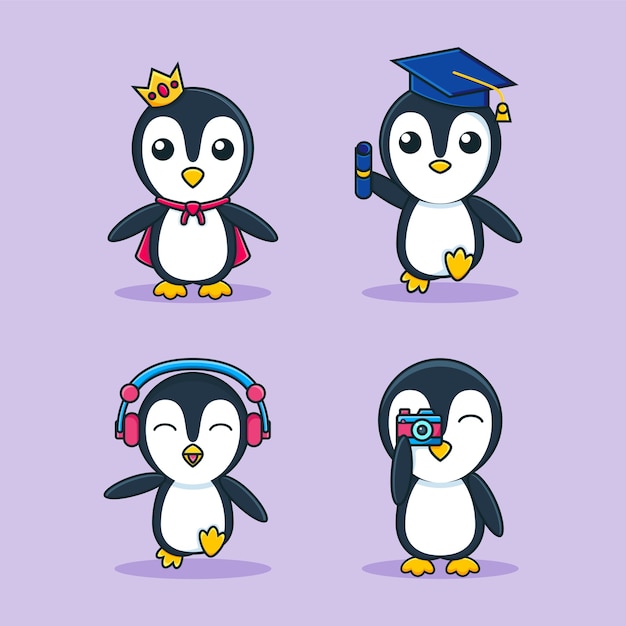 Adorable penguin cartoon mascot set template