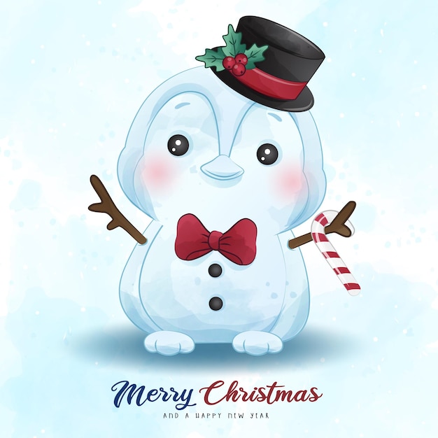 Vector adorable penguin christmas with watercolor illustration