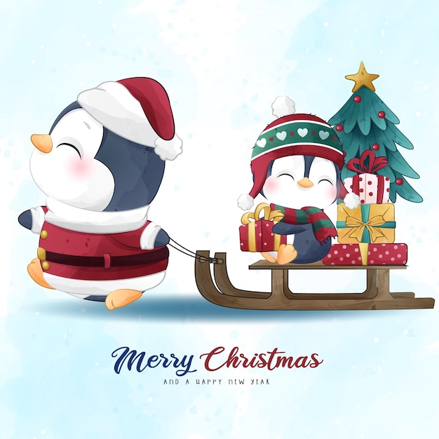 Vector adorable penguin christmas with watercolor illustration