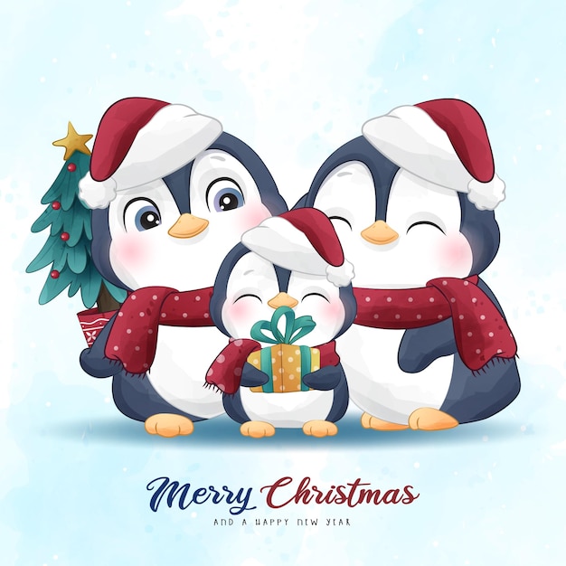 Vector adorable penguins christmas with watercolor illustration