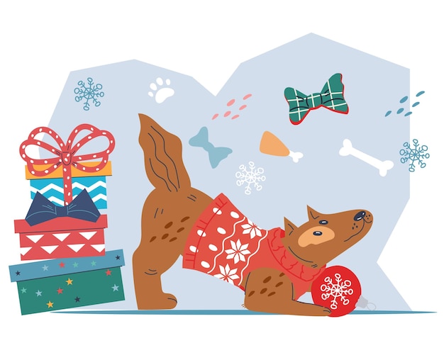 Adorable playful dog in Christmas sweater among gifts Christmas and New Year holiday banner