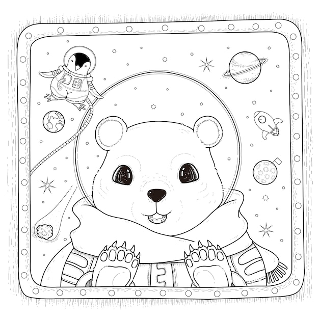 Раскраска очаровательный белый медведь-космонавт
