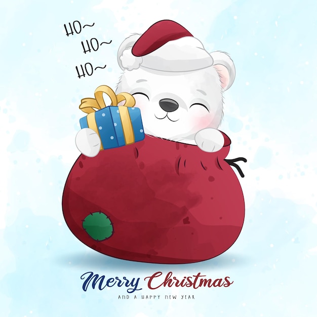Vector adorable polar bear merry christmas with watercolor illustration