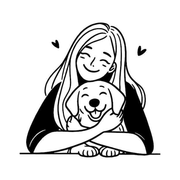 Adorable Puppy Hugged by Smiling Girl Simple Black And White Line Art Illustration