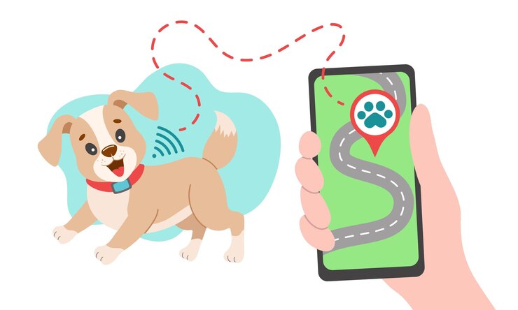 Vector adorable puppy with a gps tracker on its collar displayed on a smartphone screen perfect for pet