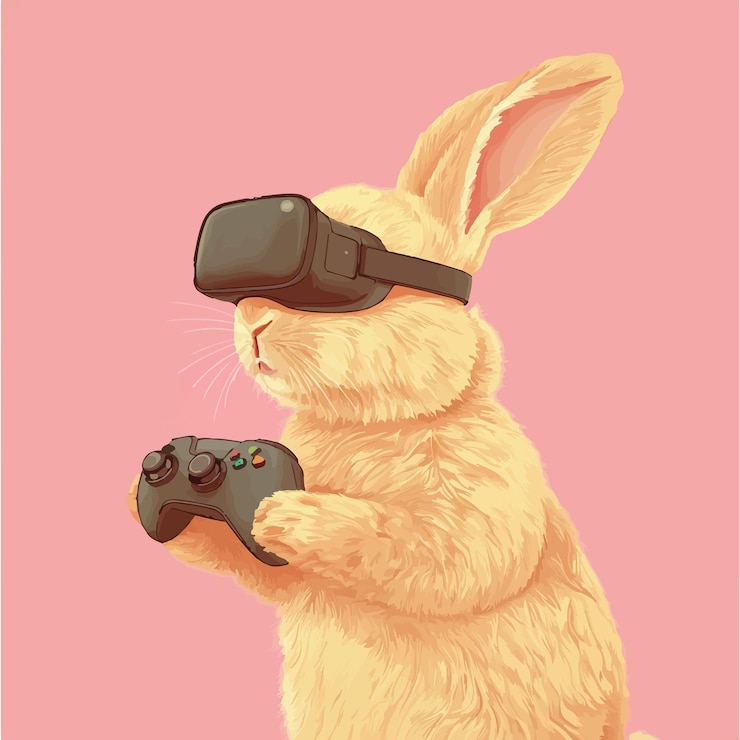 Vector adorable rabbit enjoying virtual reality gaming