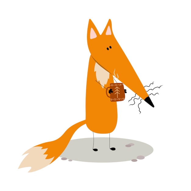 Adorable red fox with a cup of hot drink Cute Cartoon clip art for Christmas or New year