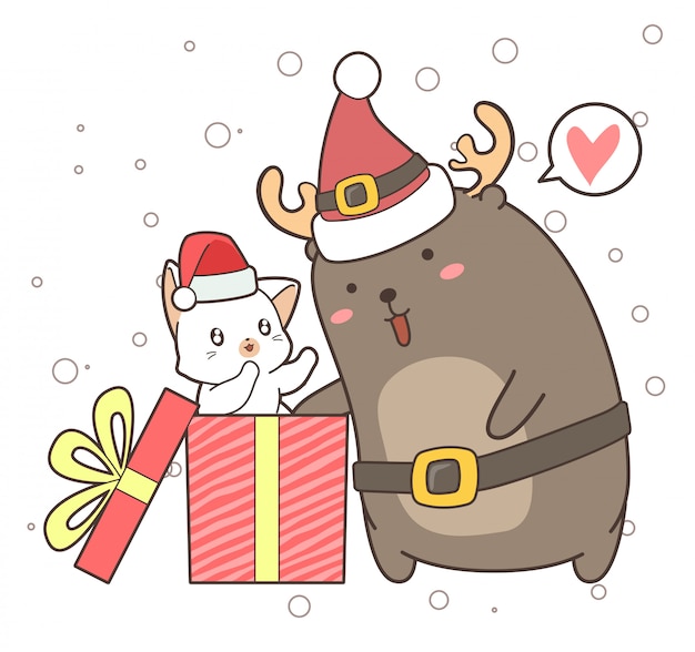 Adorable reindeer and cat in the box in Christmas day