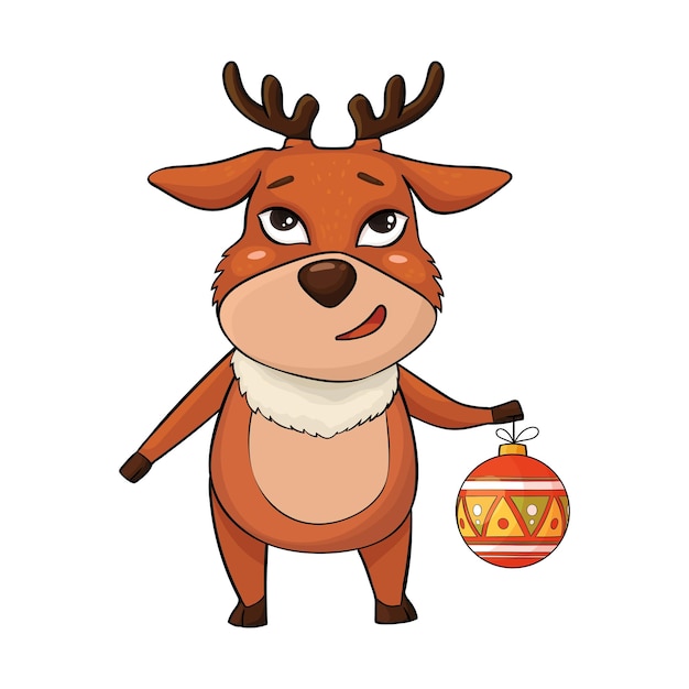 Vector adorable reindeer with a big nose in cartoon style smiling stickers for merry christmas