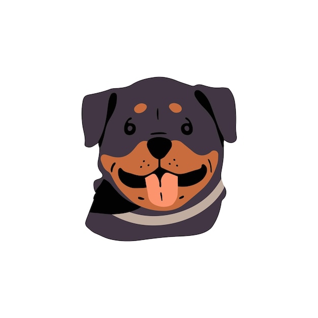 ロットワイラー・アバター (Rottweiler avatar) 笑顔の可愛い犬 舌を示す笑顔の犬 犬犬の鼻 肖像画 幸せな家畜 ペット 白い背景の平らな孤立したベクトルイラスト