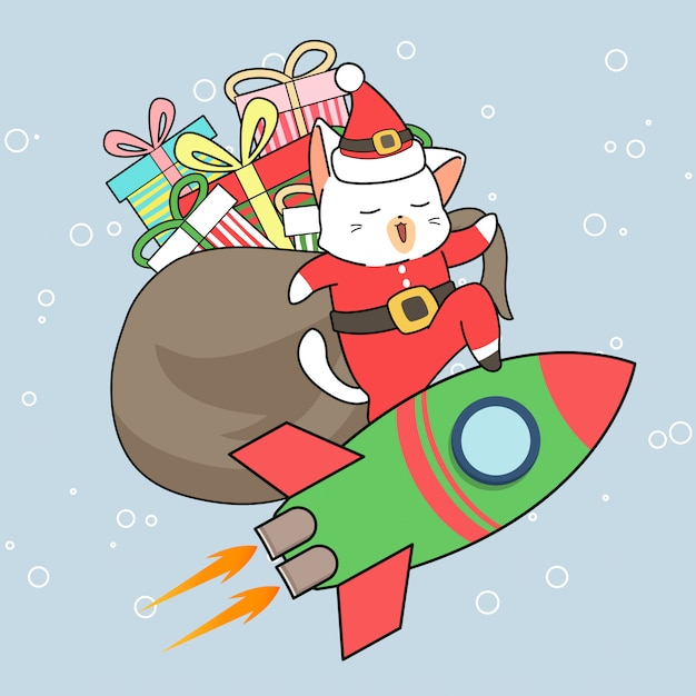 Vector adorable santa cat character with gifts is riding a rocket