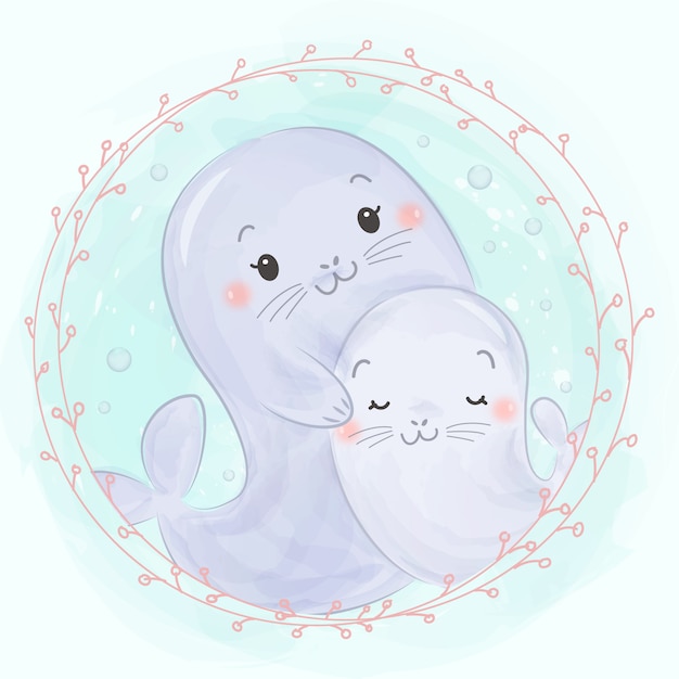 Adorable sea lion motherhood illustration