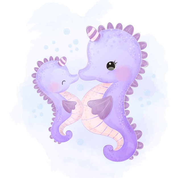 Adorable seahorse motherhood illustration in watercolor