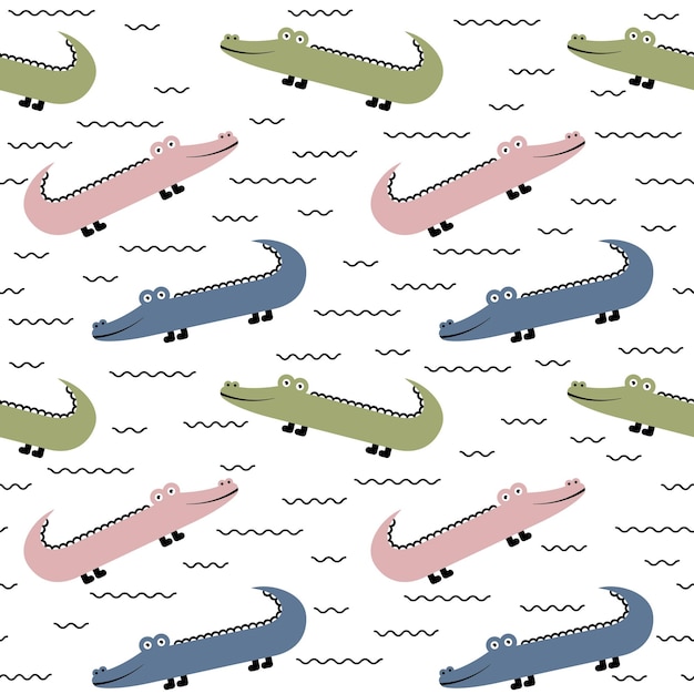 Adorable seamless paintings with funny crocodiles. Perfect for greeting cards, invitations, parties, banners, kindergarten, baby shower, preschool and nursery decoration.