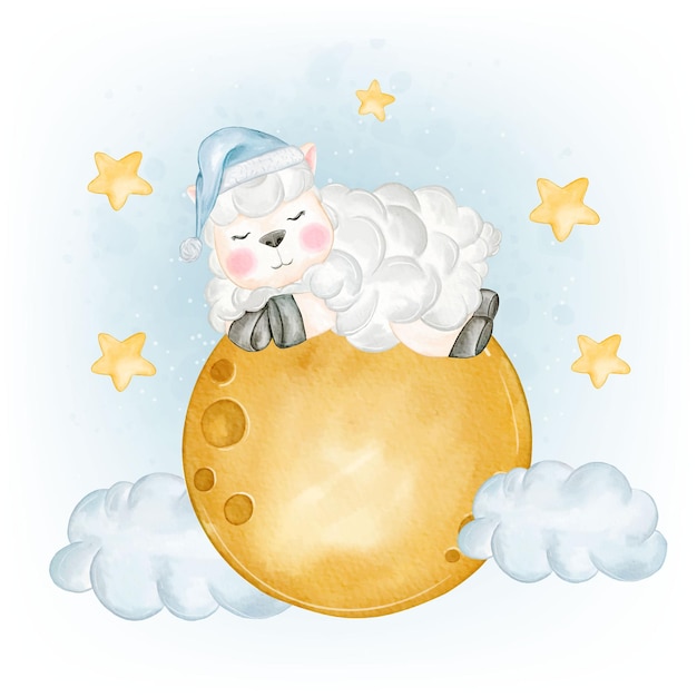 Adorable sheep sleeping on the moon watercolor