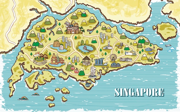 Adorable singapore travel map in hand drawn style