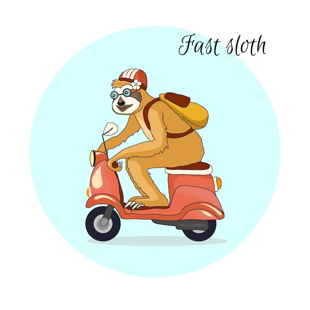 Vector adorable sloth riding a pink scooter a slothgirl travels by motorcycle in a helmet and with backpack