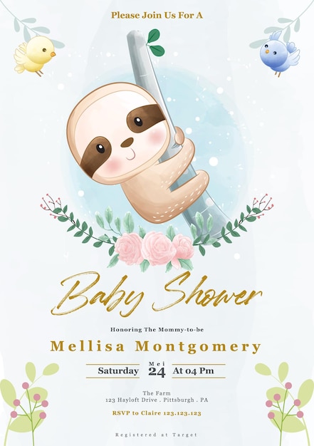 Vector adorable slow loris baby shower invitation with leafy greenery design