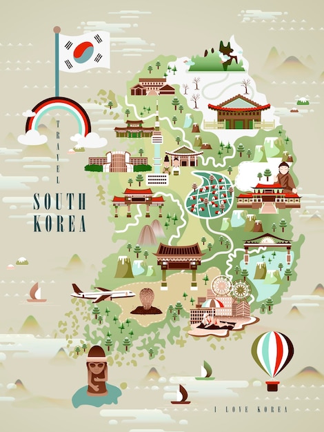 Adorable south korea travel map design in flat style