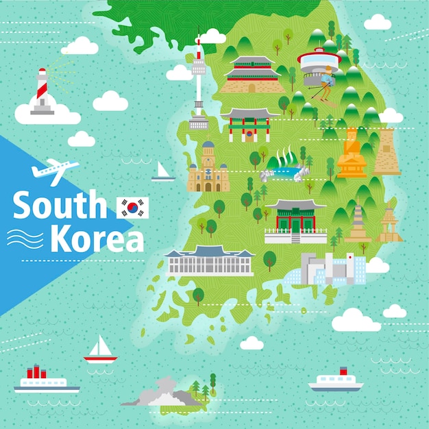 Adorabile mappa di viaggio della corea del sud con attrazioni colorate