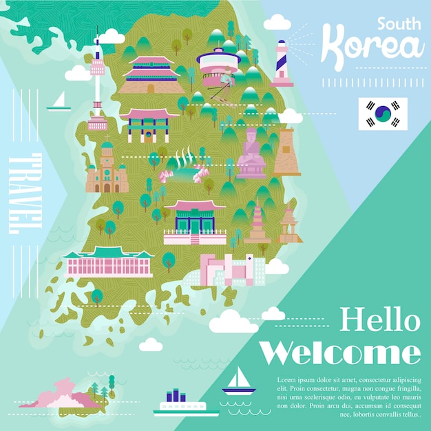 Adorabile mappa di viaggio della corea del sud con attrazioni colorate