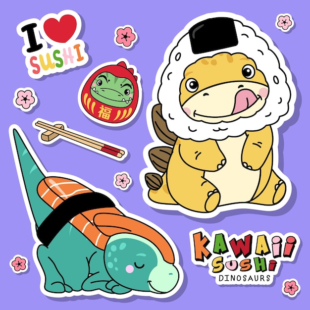 Adorable sushi dinosaur illustration collection