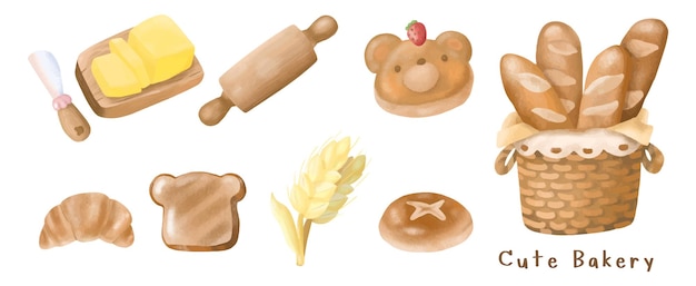 Vector adorable sweet bread bakery and cooking tool watercolor painting collection vector