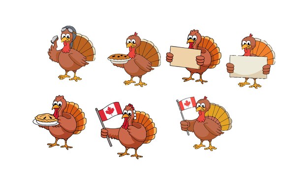 Vector adorable thanksgiving turkeys with signs pies and canadian flags
