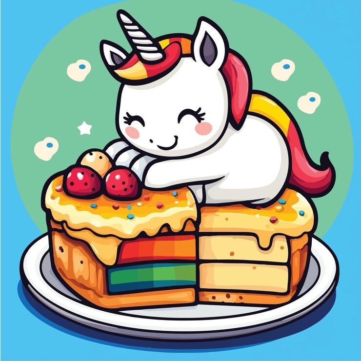 Vector adorable unicorn napping on a colorful pie cake
