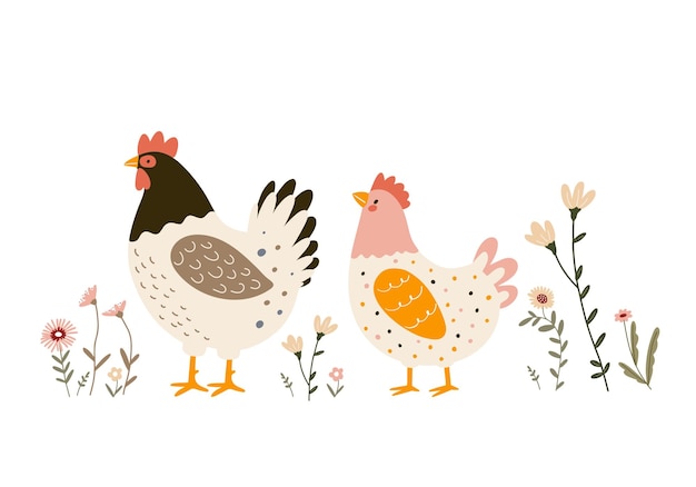 adorable vector illustration of a hen and rooster among spring flowers on a white background