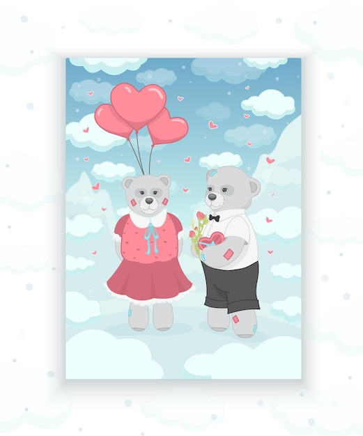 Очаровательная векторная пара плюшевых мишек с воздушными шарами в форме сердца, цветами и конфетами на горе и небе с облаками на фоне