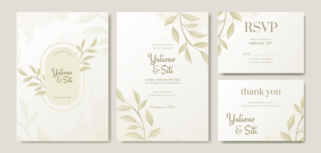 adorable watercolor gold leaves double side wedding invitation template premium vector