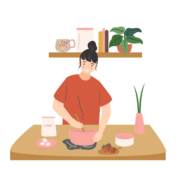 Donna adorabile che cucina nella cucina. ragazza sveglia che prepara i pasti a casa. personaggio dei cartoni animati femminile che produce pranzo o cena. illustrazione piatta moderna