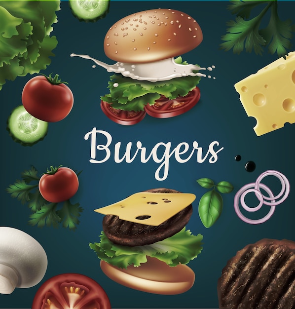 Vector ads exploded hamburger with refreshing ingredients lettuce