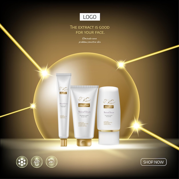 Ads  Gold Cosmetic set with professional facial serum on the background of waves and light Effect