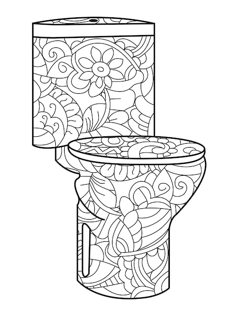 Vector adult antistress coloring flush toilet pattern astrakhan illustration of black lines doodle white background